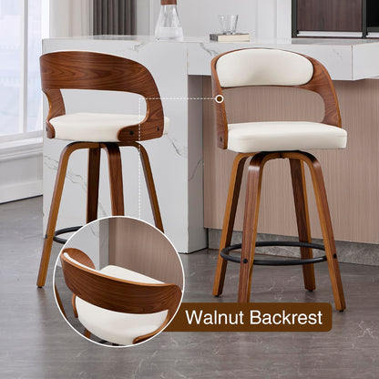 VipDesk Swivel Bar Stools Set of 2, Walnut Counter Height Bar Stools with Back and Arms, 26" Modern Faux Leather Upholstered Bar Chairs with Bentwood Frame for Kitchen Island Bar - White