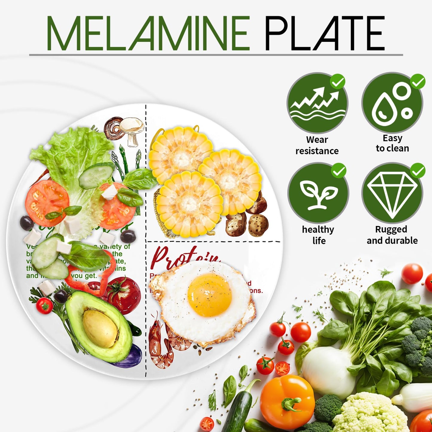 VIYNRAN Portion Control Plate - 10 Inch Melamine Dinner Plate for Balanced Meals, Divided Sections for Vegetables, Carbs, and Protein with Colorful Food Illustrations - 4 Pack