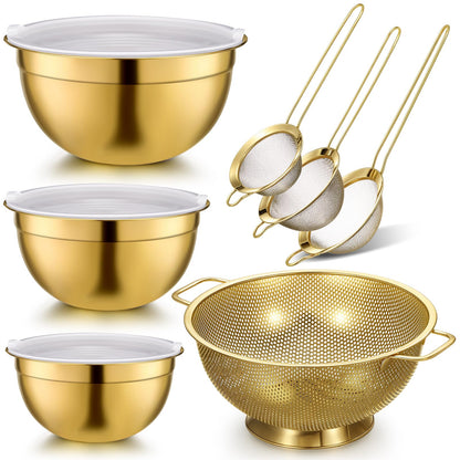 Baderke 7 Pcs Gold Kitchen Accessories Includes Stainless Steel Colander with Handles, 3 Gold Mixing Bowls with Airtight Lids and 3 Fine Mesh Strainer(Colander: 5 Qt, Mixing Bowls: 1.5/2/3 Qt)