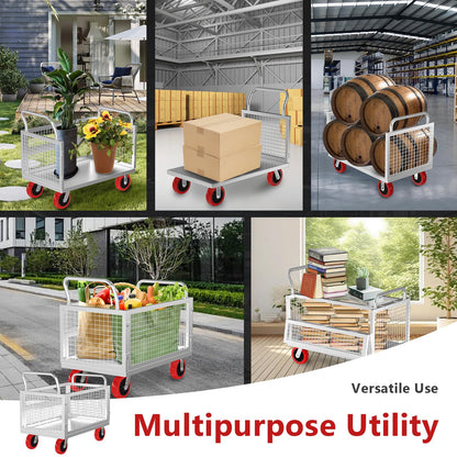 5IN1 Heavy Duty Platform Truck with Cage 40x24 Hand Truck,1800lbs Capacity Basket Cart w/Wheels, Multi-Functional Push Dolly w/6” Swivel Casters, Versatile Flatbed Cart