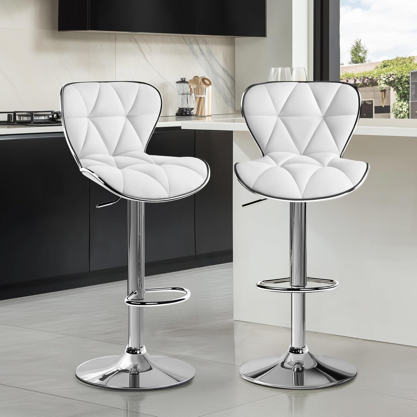 Yaheetech Bar Stools Leather Set of 4, Adjustable Shell Back Barstools with Footrest, Counter Height Bar Chairs with Back for Kitchen Island, White