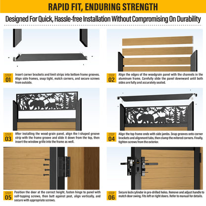 Brukid 4x5 FT Aluminum Fence Gate Kit Wood Grain Aluminum Gate with Decorative Cutout, Lock & Hinges, Left/Right Opening, Weather Resistant for Yard Garden Patio