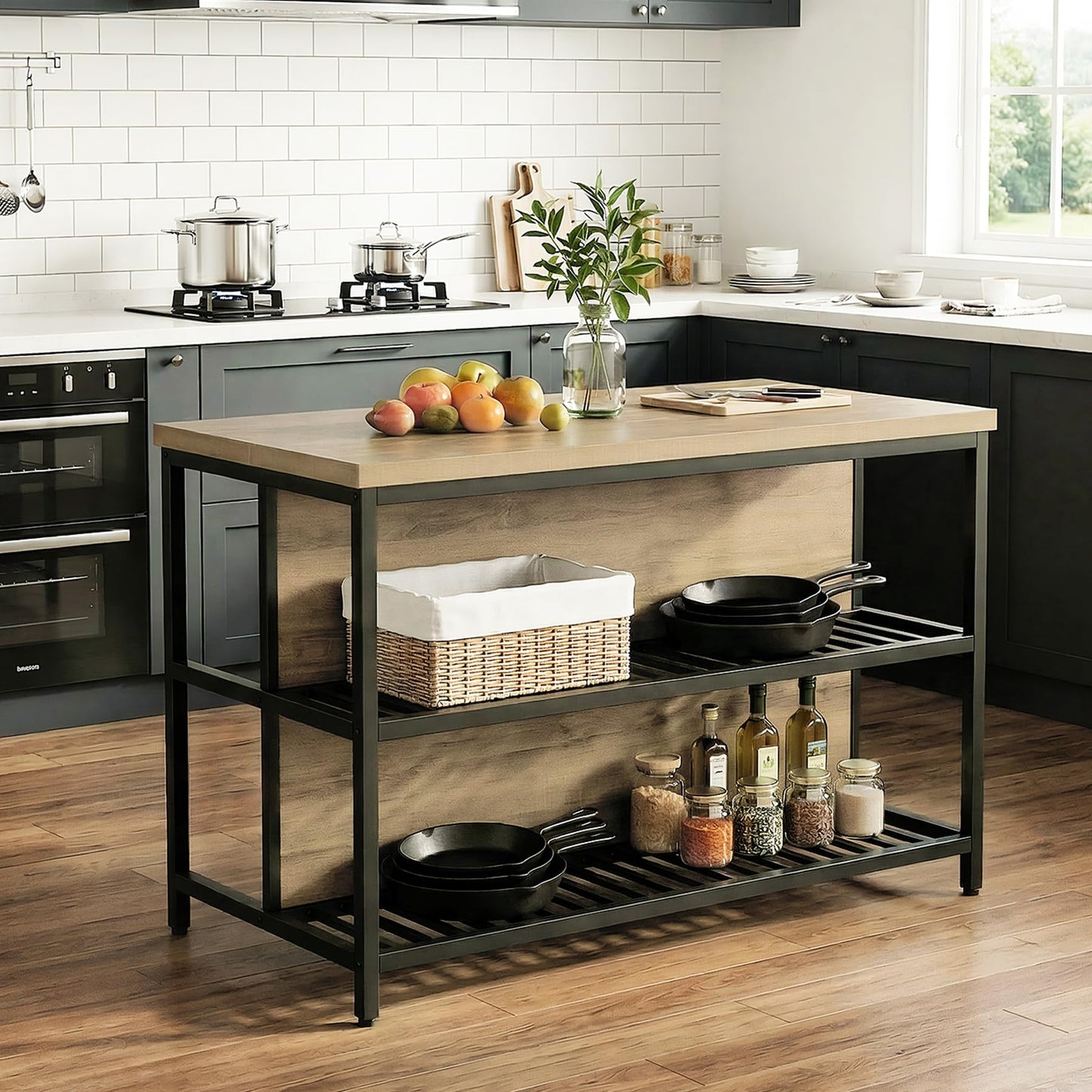 LITTLE TREE 55-Inch Kitchen Island Table with Storage, 3-Tier Stationary Center Island Table with Metal Base, Farmhouse Rustic Kitchen Island, Brown