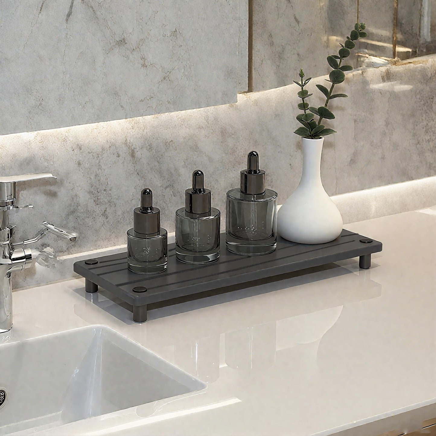 Quick Dry Sink Caddy Kitchen Sink Organizer, Water Absorbing Stone Tray for Sink, Stone Drying Tray, Diatomite Faucet Mat & Protector, Dispenser Sponge Holder, Stone Soap Tray for Bathroom Counter