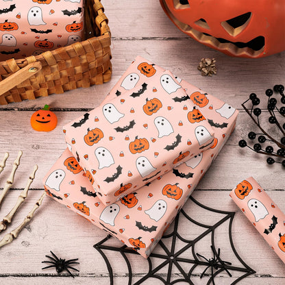 Whaline Halloween Wrapping Paper - Mini Roll - 17 In x 32.8 Ft Cute Pumpkin Ghost Bats Gift Wrap Paper Boho Orange DIY Art Crafts Packing Supplies for Halloween Birthday Baby Shower Holiday Party