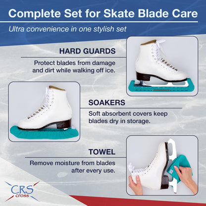 CRS Cross Ice Skate Guards, Soakers and Towel Gift Set. Essential Ice Skating Hard Guard and Soft Skate Blade Cover Accessories for Figure Skating or Hockey (Triple Teal, Large)
