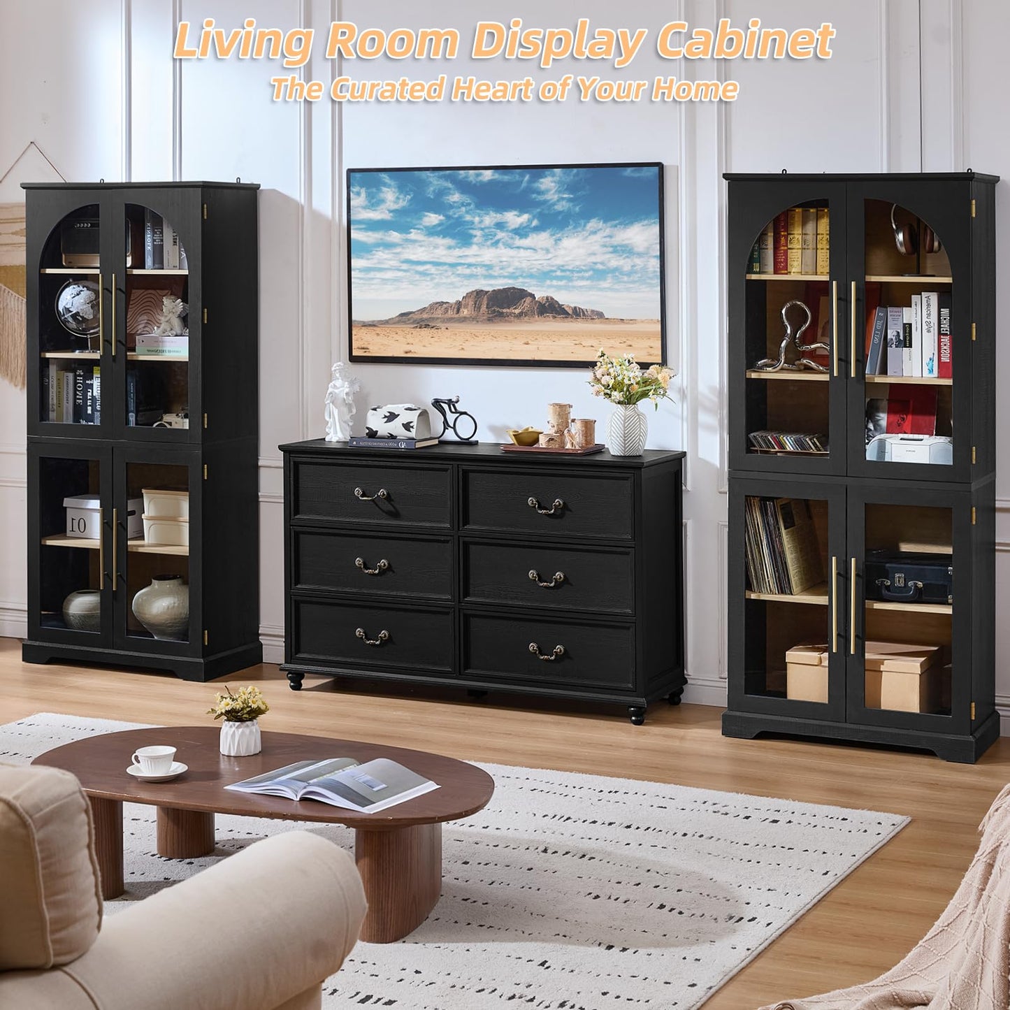 Joaxswe 72" Tall Bookshelf Set of 2, Farmhouse Bookcase with 3-Tier Adjustable Shelves, Modern Living Room Display Cabinet with Glass Doors, Large Storage Cabinet for Home Office,Dining Room, Black
