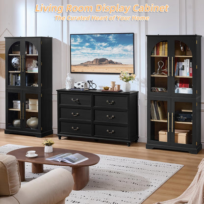 Joaxswe 72" Tall Bookshelf Set of 2, Farmhouse Bookcase with 3-Tier Adjustable Shelves, Modern Living Room Display Cabinet with Glass Doors, Large Storage Cabinet for Home Office,Dining Room, Black