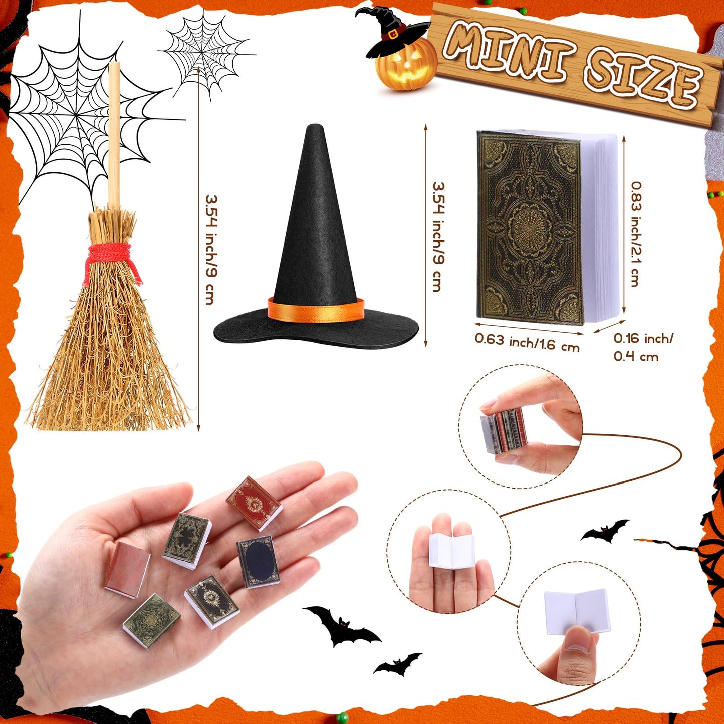 Yuntau 36 Pieces Mini Halloween Decorations 12 Mini Felt Witch Hats 12 Small Brooms 12 Miniature Dollhouse Books Tiny Witch Accessories Set for DIY Crafts Halloween Party Decor Supplies