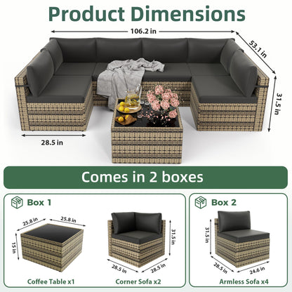 PATIOPIA 7-Piece Outdoor Sectional Sofa Set, Weather-Resistant Patio Furniture Set with Washable Cushions and Coffee Table, Black Rattan Patio Conversation Set for Poolside, Backyard, Deck (Beige)