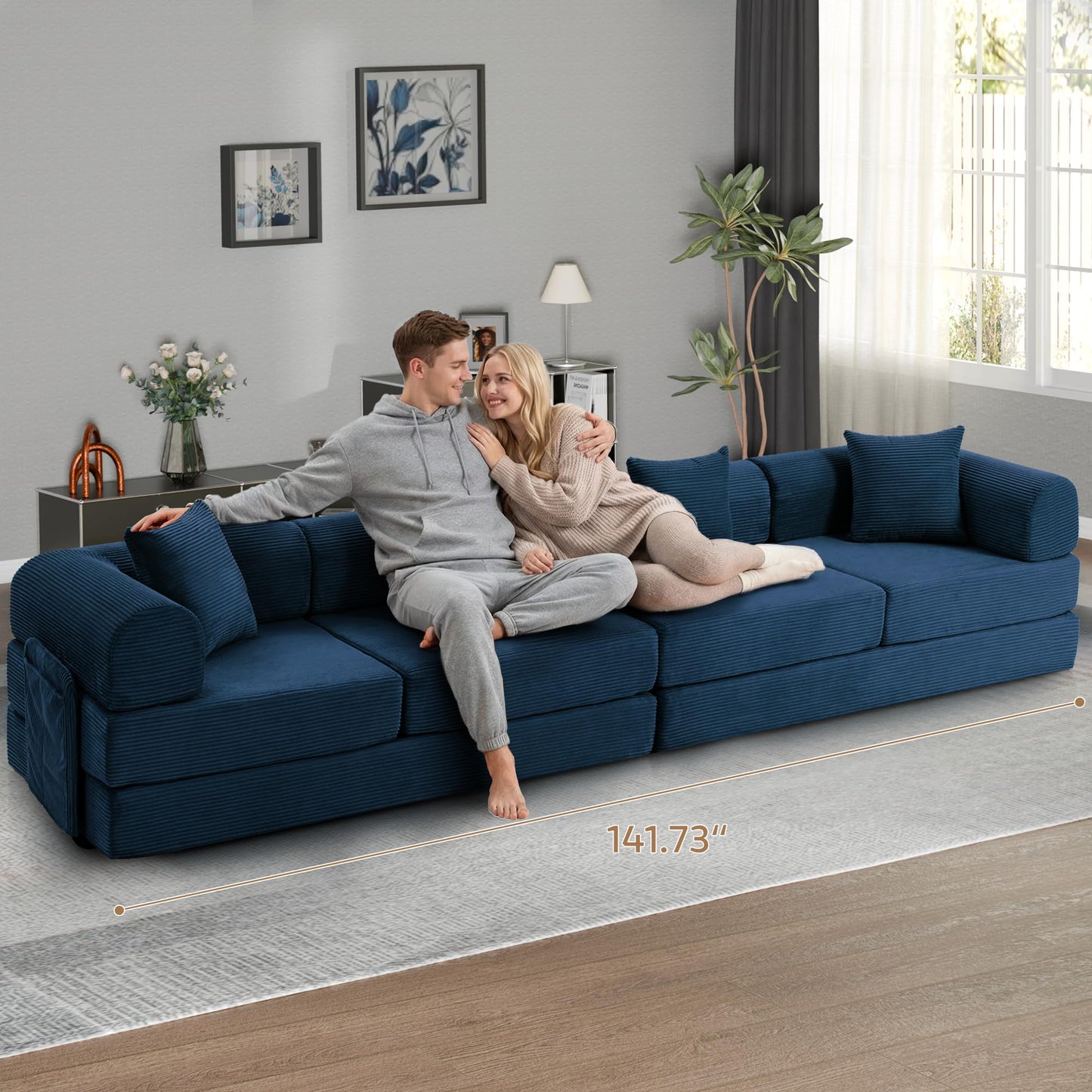 Trygoal 142" Oversized Modular Sectional Sofa Bed, 7-in-1 Convertible Corduroy Cloud Couch with Storage Bag & Reinforced Frame, Deep Seat Sectional Couches for Living Room, Tool-Free Assembly, Blue
