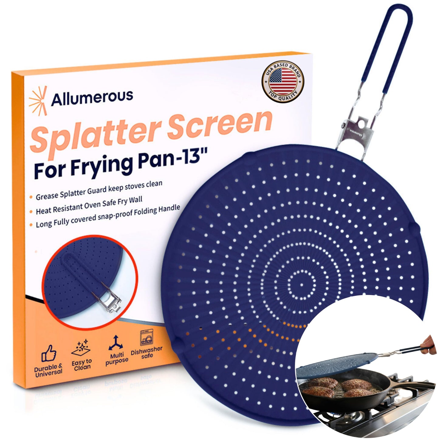 Silicone Splatter Screen for Frying Pan, 13” Navy – Grease & Oil Splatter Guard, Heat Resistant, Dishwasher Safe, Foldable Handle with Sleeves – Splash Guard Fits 10–12” Pans, Most 13” Skillets