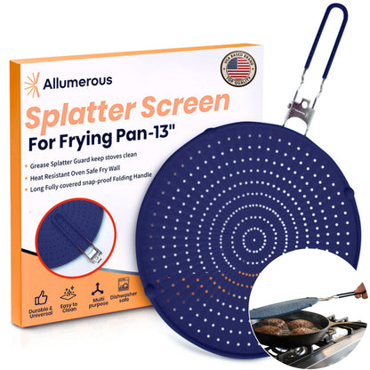 Silicone Splatter Screen for Frying Pan, 13” Navy – Grease & Oil Splatter Guard, Heat Resistant, Dishwasher Safe, Foldable Handle with Sleeves – Splash Guard Fits 10–12” Pans, Most 13” Skillets