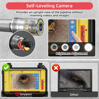 Sanyipace 7MM Sewer Camera, 512Hz Sonde Drain Camera, Self-Leveling Pipe Camera for Plumber, 10.1" Touch Screen, 165FT/50M Borescope Inspection Camera, Distance Counter, Waterproof Plumbing Camera