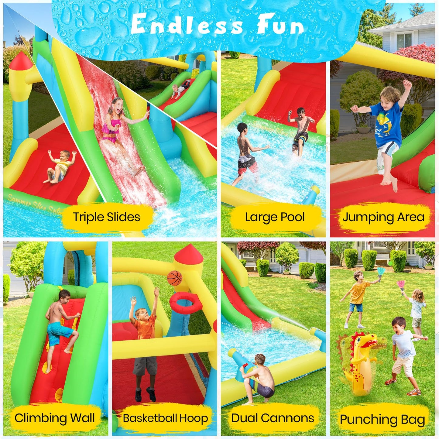 AKEYDIY Bounce House Water Slide for Kids 3-12 - Outdoor/Indoor Inflatable Water Bounce House with 3 Slides, Climbing Wall, Ball Pit & Jumping Area - Water Bouncy House Includes Blower (15.6ft x 11ft)