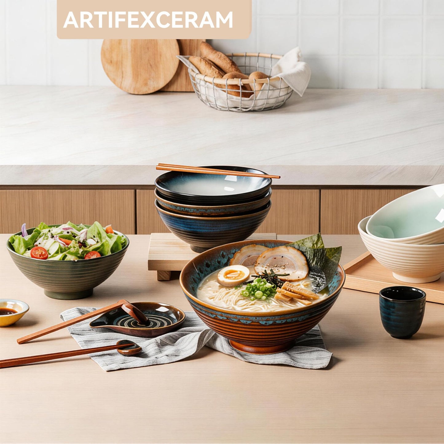 ArtifexCeram 8 Inch Ceramic Ramen Bowl Set of 2, 40oz Japanese Bowls with Spoons & Chopsticks,Durable,Microwave & Dishwasher Safe,Perfect for Ramen,Pho,Salad,Soup,Noodles，Mixing bowls（Verdigris Green）