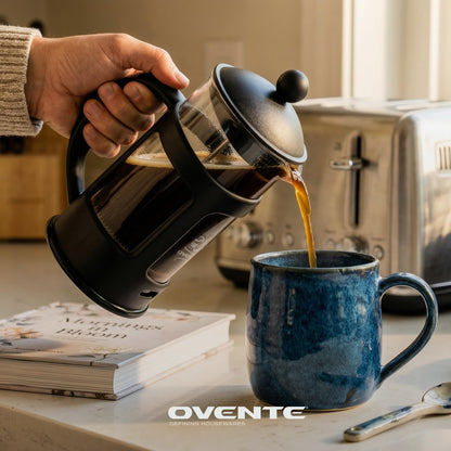 OVENTE French Press Coffee Maker 34 Ounce with Heat Resistant Borosilicate Glass & Stainless Steel 4-Level Filtration System, Portable Cold Brew Coffee Maker for Travel, Camping or Gift, Black FPT34B