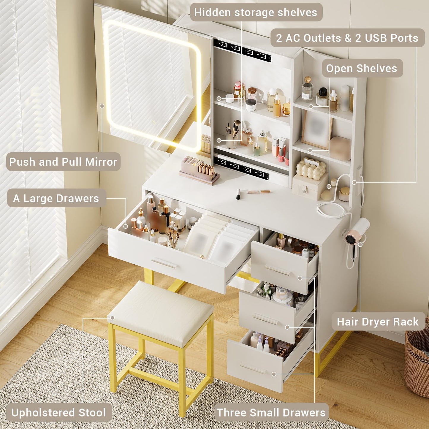 57'' Large Vanity Desk with Mirror & Lights, Makeup Vanity Table with Charging Station,