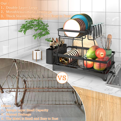 Godboat Dish Drying Rack, 2-Tier Dish Rack with Auto-Drain & Mat, Dish Racks for Kitchen Counter, Dish Drainer with Knife, Fork & Cup Rack, Gifts for Women, Mothers Day, Cool Stuff & Kitchen Gadgets