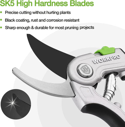 WORKPRO Bypass Pruning Shears, 8" Hand Pruners with Aluminum Handle and Sharp SK5 Blades for Gardening
