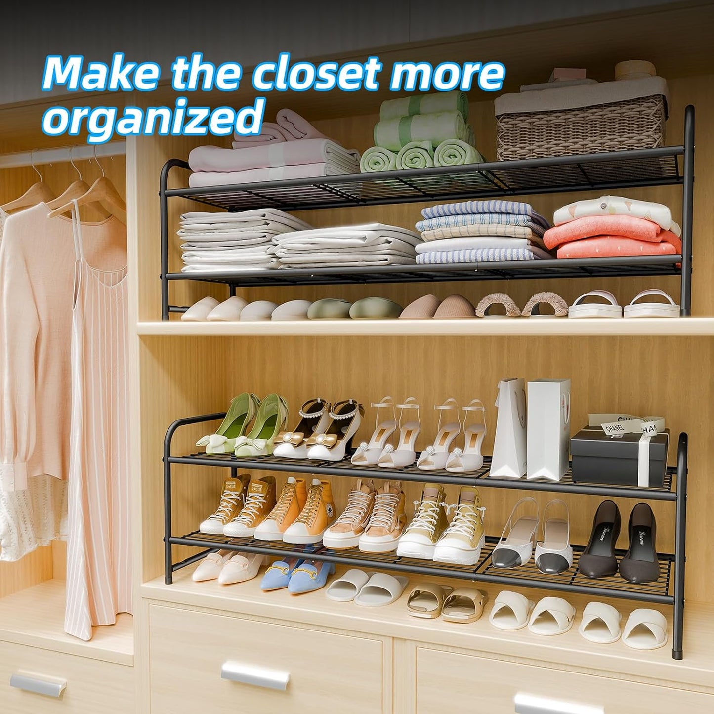 2 Closet, 44 Inch Tier Shoe Rack for Extra Long Shoe Storage Organizer for Shelves, Heavy Duty Metal, Easy Assembly