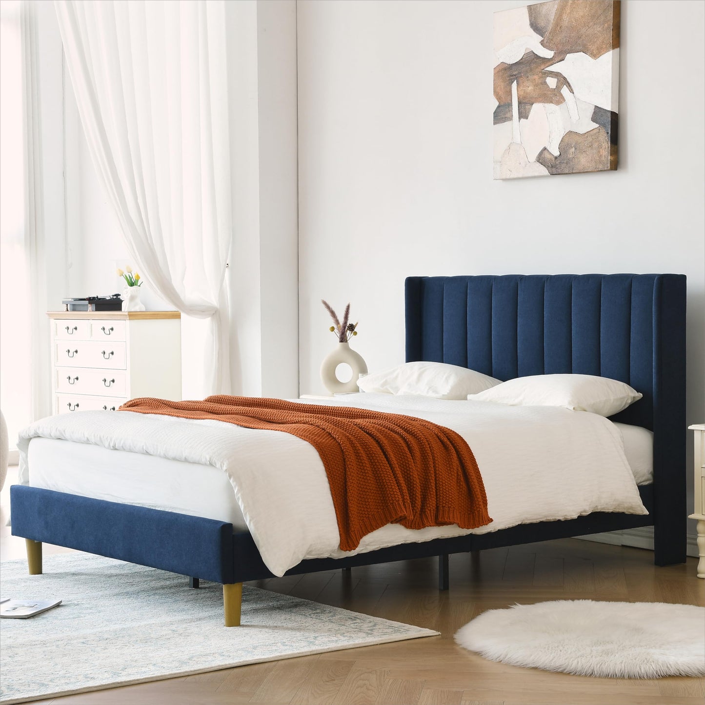 YUHUASHI upholstered Platform Bed Frame/Full Bed Frame/Modern Geometric Double-Wing Design headboard/Linen Fabric/Easy to Assemble no Noise (Navy Blue, Full)