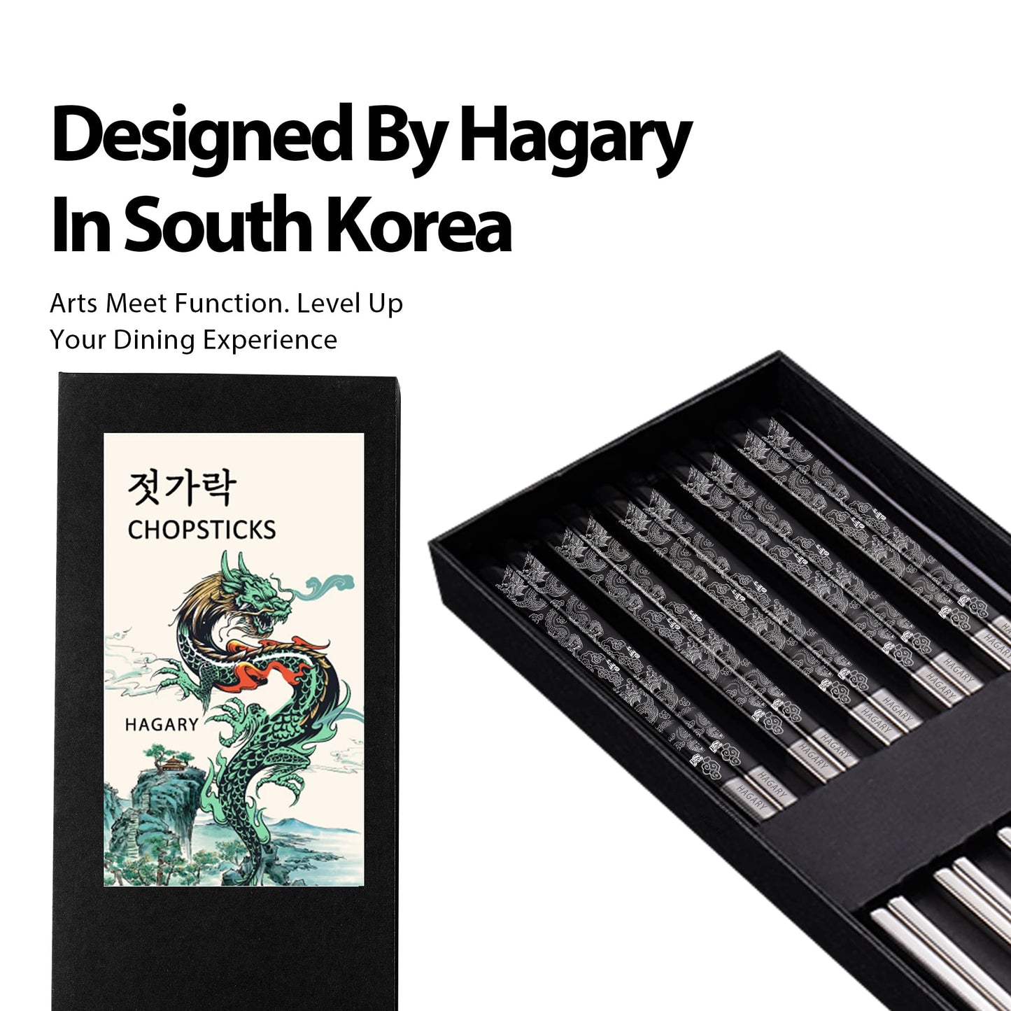 Hagary Dragon Chopsticks Metal Reusable Designed In Korea Japanese Style Stainless Steel 316 18/10 Non-Slip Dishwasher Safe Laser Etched (Black - 5 Pairs)