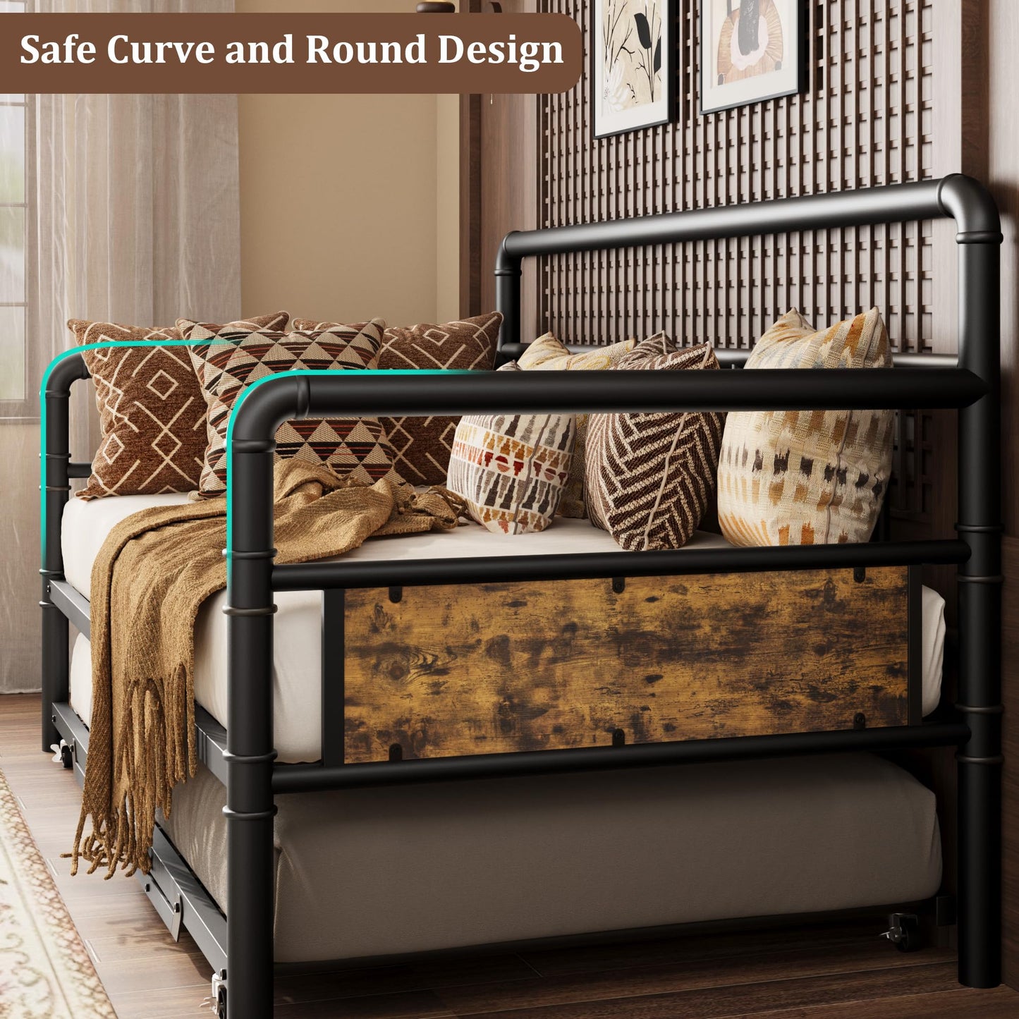 IDEALHOUSE Twin Daybed and Foldable Metal Trundle Bed, Metal Twin Bed Frame Heavy Duty Steel Slats Support,Sofa BedFrame for Living Room, Guest Room,Noise Free, Black