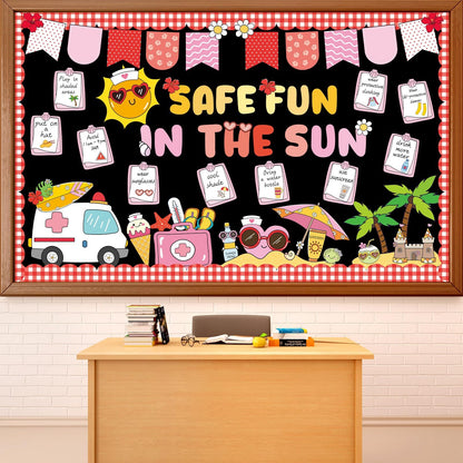 Safe Fun in the Sun Bulletin Board Set Summer Sun Classroom Decorations Tropical Hawaiian Classroom Sunshine Safety Paper Cutouts for Summer Back to School Teachers Chalkboard Wall Door Decor