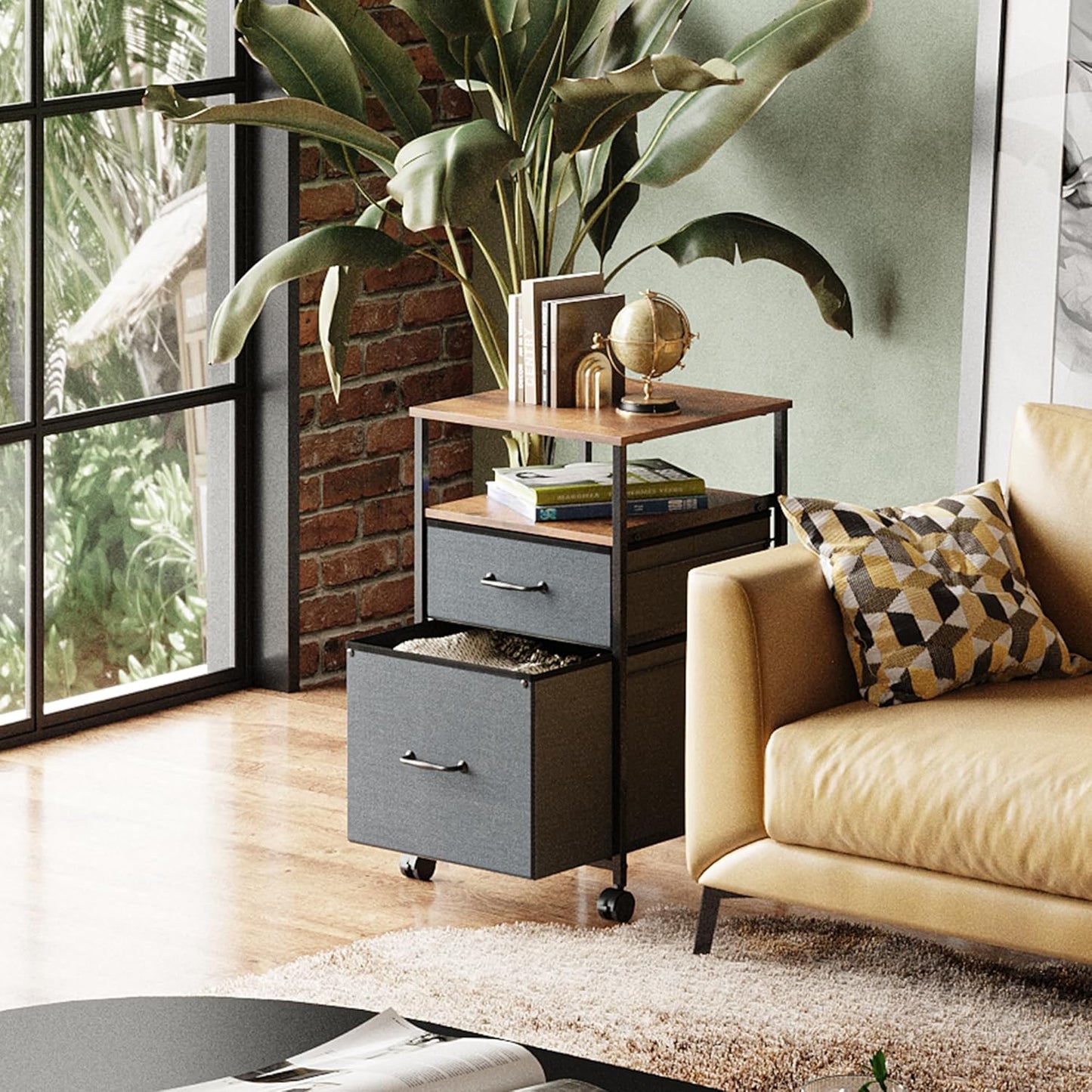 DEVAISE 2 Drawer Mobile File Cabinet, Rolling Printer Stand with Open Storage Shelf, Rustic Brown