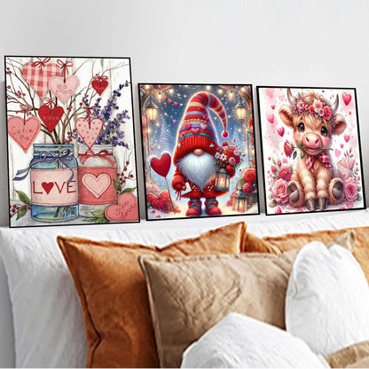 3 Pack Diamond Art Kits for Adults, Valentine's Day Diamond Painting Kits for Adults, 5D DIY Gem Art Paint With Diamonds Dots Crafts Kits for Home Decor Gift 12x16in/14x14in (Gnomes Cow and Flowers)