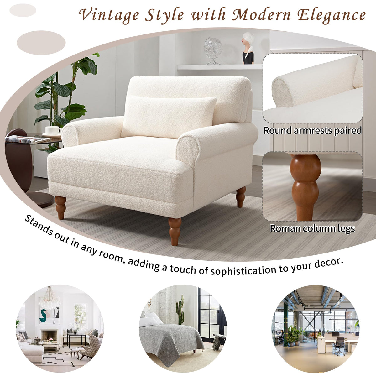Christopher Knight Home Accent Chair, Boucle Club Chair, Upholstered Lounge Chair, Large Size Armchair Roman Column Legs, Cozy Reading Single Sofa Chair for Living Room, Bedroom, Home Study, White