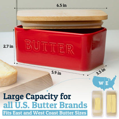 PriorityChef Extra Large Butter Dish with Lid for Countertop, Ceramic Butter Container With Airtight Cover, Butter Keeper for Counter or Fridge, Butter Holder Storage, Red
