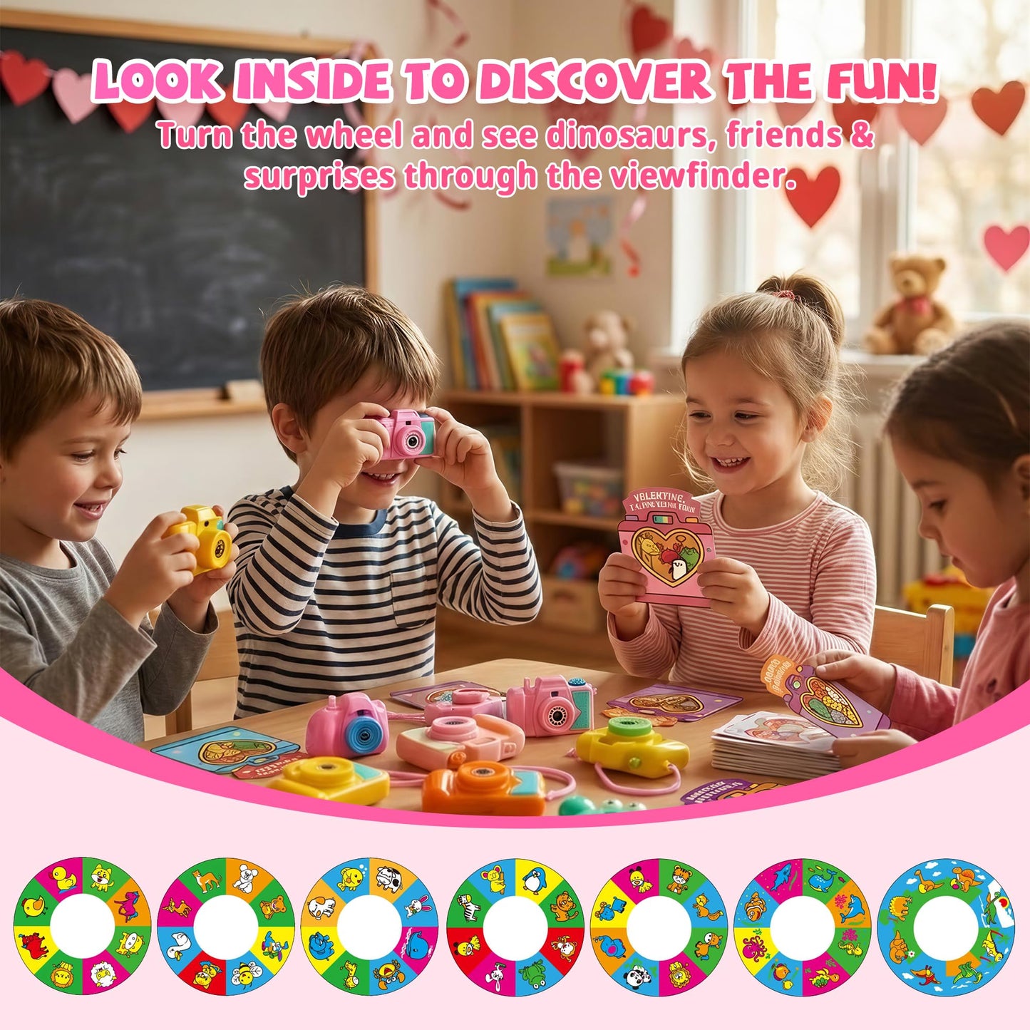 Valentines Day Cards for Kids School – 28 Pack Kids Viewfinder Toy Cameras with Greeting Cards, Classroom Exchange Valentine Gifts for Boys and Girls, Cards + Toys Bulk Set for School Valentine Party