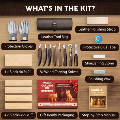 Complete Wood Carving Kit for Beginners - Gift Ready Wood Carving Tools Set | Whittling Kit with 8 Wood Carving Knives, Spoon Carving Tools, Wood Blocks, Gloves, Roll Bag and Sharpening Strop