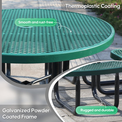Sunnibety 8-Person Picnic Tables for Outdoors, Industrial 46" Expanded Metal Round Picnic Table with 4 Benches & Umbrella Hole, Outside Table and Bench Set for Park, Garden, Backyard, Patio, Green
