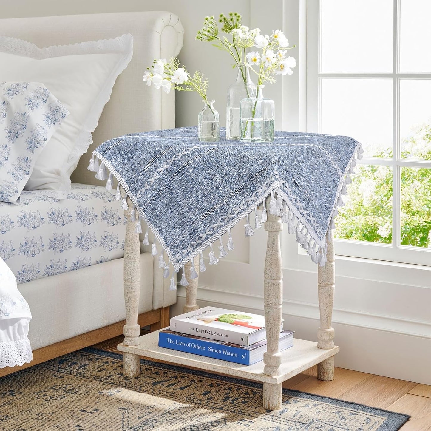 24''x24'', Country Summer Dusty Blue and White Small Tablecloth Spring Boho Square Nightstand Cover, Rusitc Farmhouse