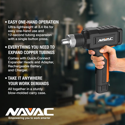 NAVAC NTE11L Power Tubing Expander - Soft or Annealed Copper Swaging Tool - Battery-Operated - One-Button Operation - Quick Connect Expander Heads