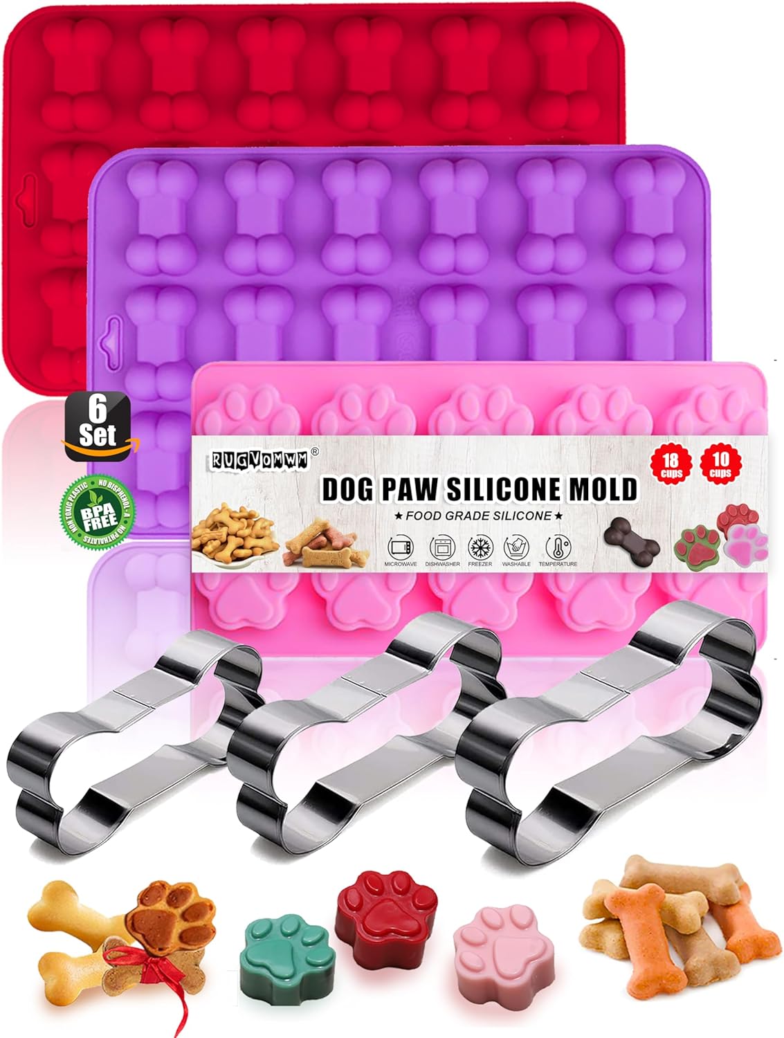 Puppy Dog Paw and Bone Silicone Molds, Non-Stick Food Grade Molds for Baking, Set of 6 Dog Bone Cookie Cutters