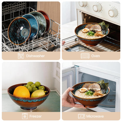 ArtifexCeram 8 Inch Ceramic Ramen Bowl Set of 2, 40oz Japanese Bowls with Spoons & Chopsticks,Durable,Microwave & Dishwasher Safe,Perfect for Ramen,Pho,Salad,Soup,Noodles，Mixing bowls（Verdigris Green）