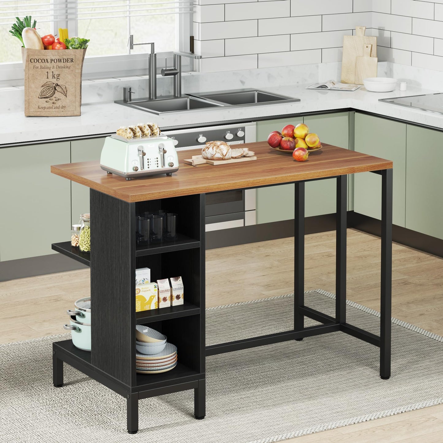Tribesigns Kitchen Island, Kitchen Shelf Bar Table with 5 Open Storage Shelves and Large Worktop, Industrial Butcher Block Island (Stools Not Included)