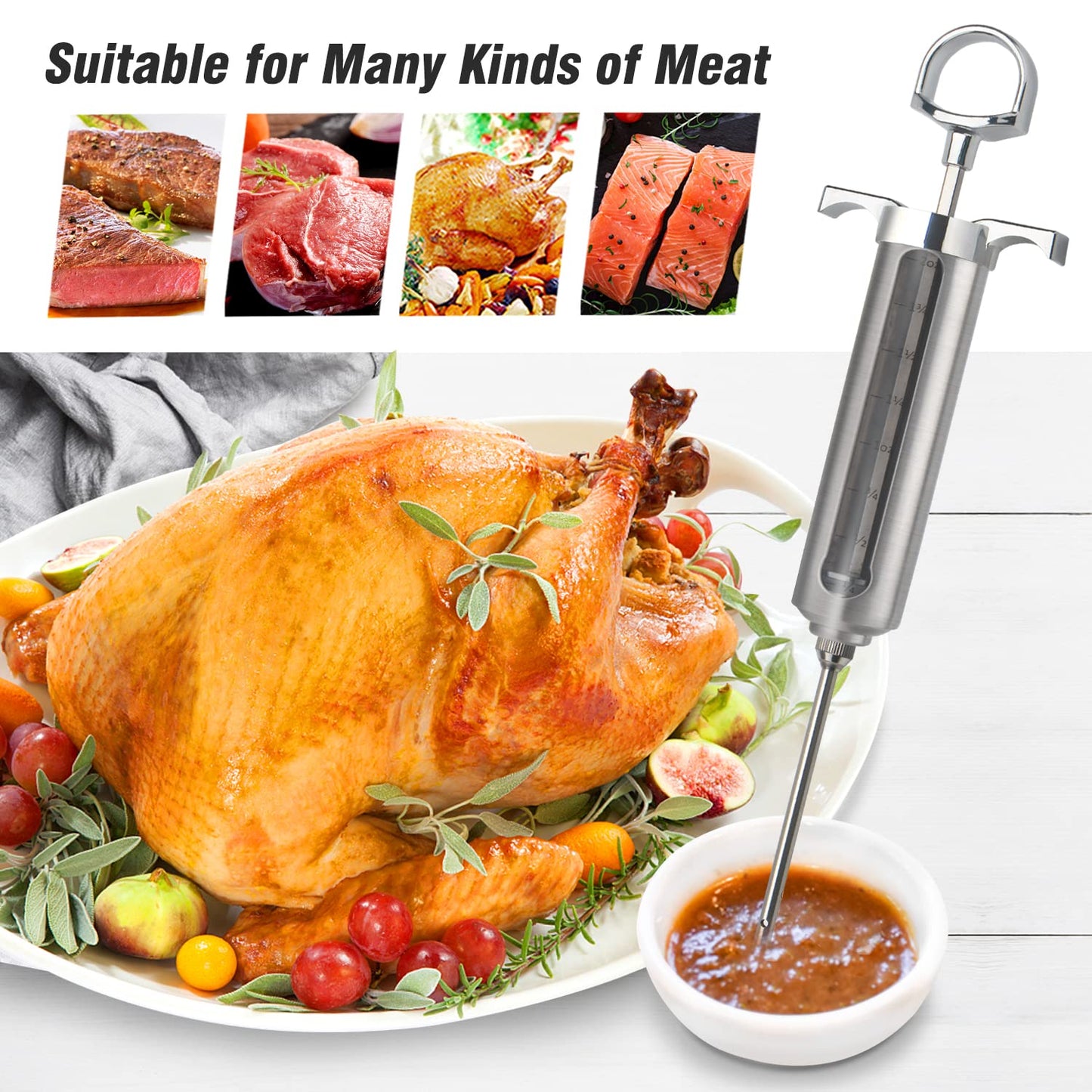 Ofargo Meat Injector Kit for Smoker with 3 Marinade Flavor BBQ Injector Syringe Needles, Injector Marinades for Meats, Turkey, Brisket; 2-oz; Paper and E-Book (PDF) User Manual Included