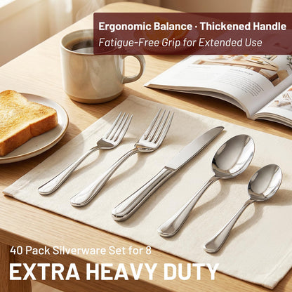 KIKCOIN 40 Pack Silverware Set for 8, Food-Grade Stainless Steel Flatware Set, Heavy Duty Mirror Polished Cutlery Utensils Set with Knives Spoons and Forks Set for Home Kitchen Restaurant Wedding