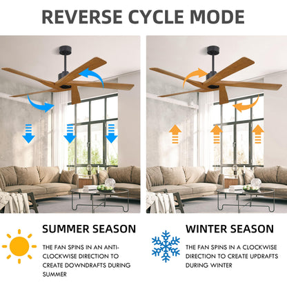 WINGBO 64" ABS DC Ceiling Fan No Light, 5 Blade ABS Plastic Ceiling Fan with Remote, 6-Speed Reversible DC Motor, Ceiling Fans without Light for Kitchen Bedroom Living Room, Matte Black and Walnut