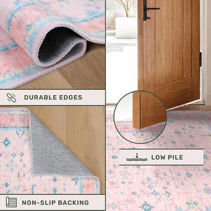 Hazo Haus Nursery Area Rug - Charming Boho Vintage Design, Washable & Non-Slip | 4x6 Pink Rug for Girls' Bedroom