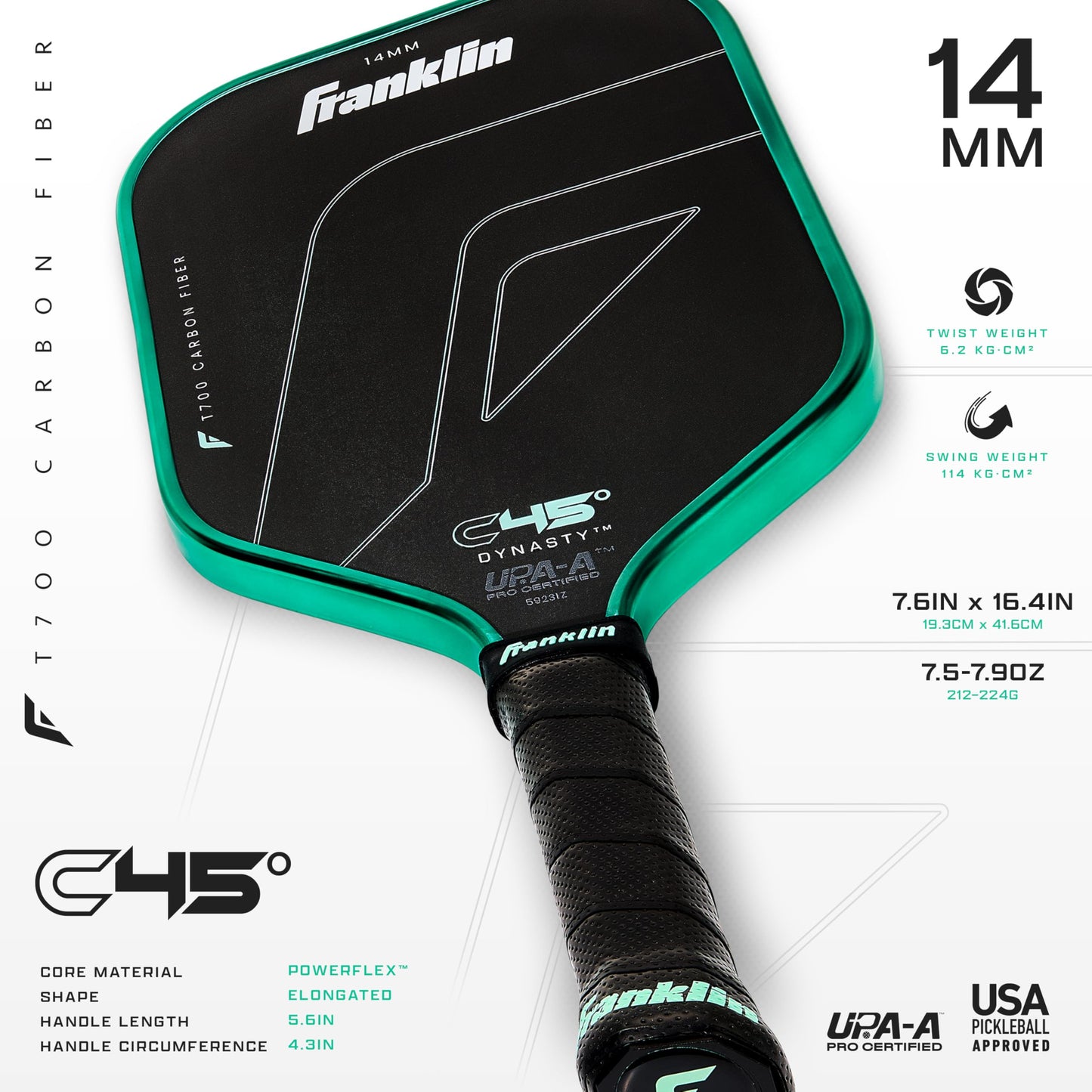 Franklin Sports PRO Pickleball Paddles – C45 Carbon Fiber Series - Official USAP + UPA Approved – Pro Player Design, Dynasty 14MM Mint