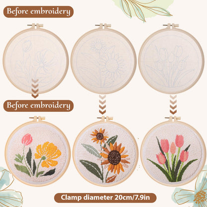 HANLANXUE Punch Needle Kit Adults Beginners, 3 Pcs DIY Easy Flower Embroidery Set for Starter Art Craft, Needling Punching Project with Patterns, Tools, Yarns, Hoop, Instruction