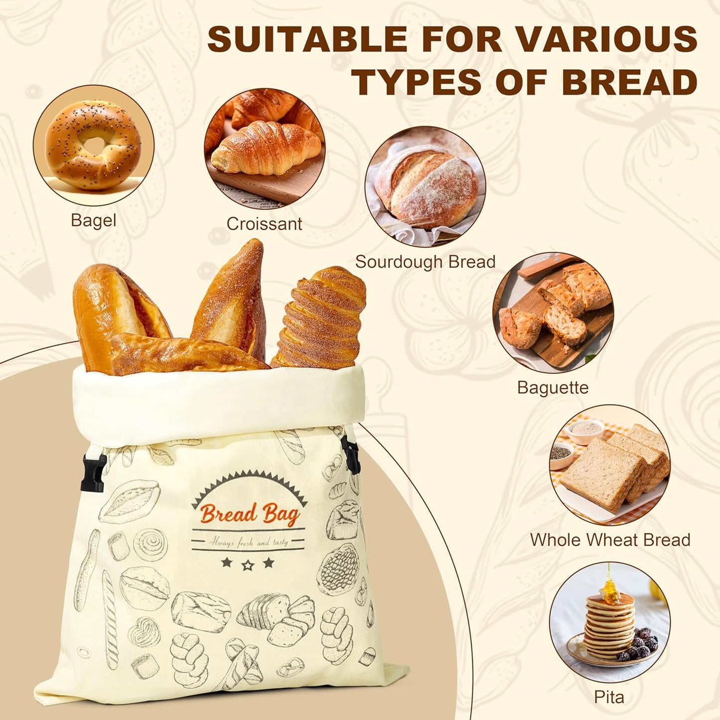 2 Packs BuyCard Bread Bag Reusable Beeswax Food Storage Bag, Natural Cotton with Bread Pattern Design, Zipper Reusable