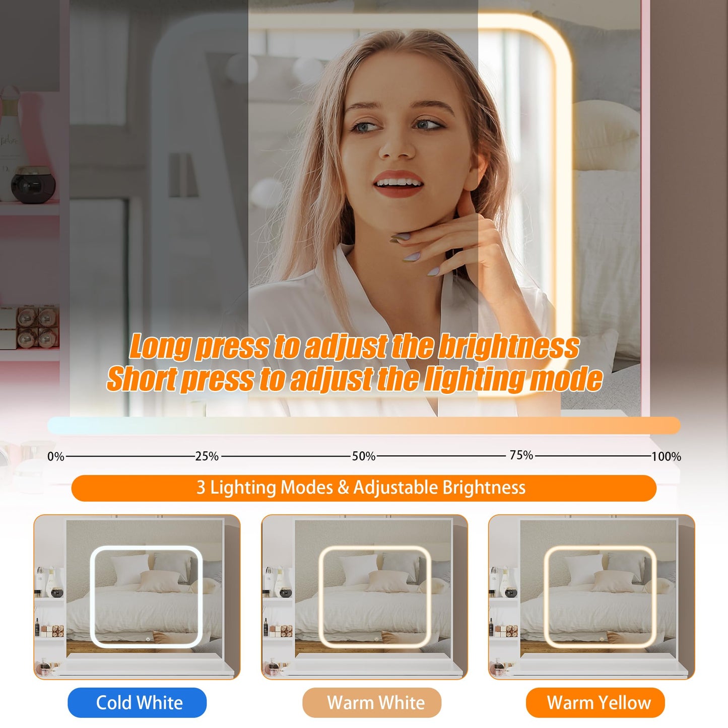 GarveeHome Vanity Desk with Sliding Mirror and Lights, Makeup Vanity Set with 4 Drawers, Stool, Power Outlet, Open Shelves, 3 Color Adjustable Lighting Modes, Makeup Dressing Table for Bedroom, Pink