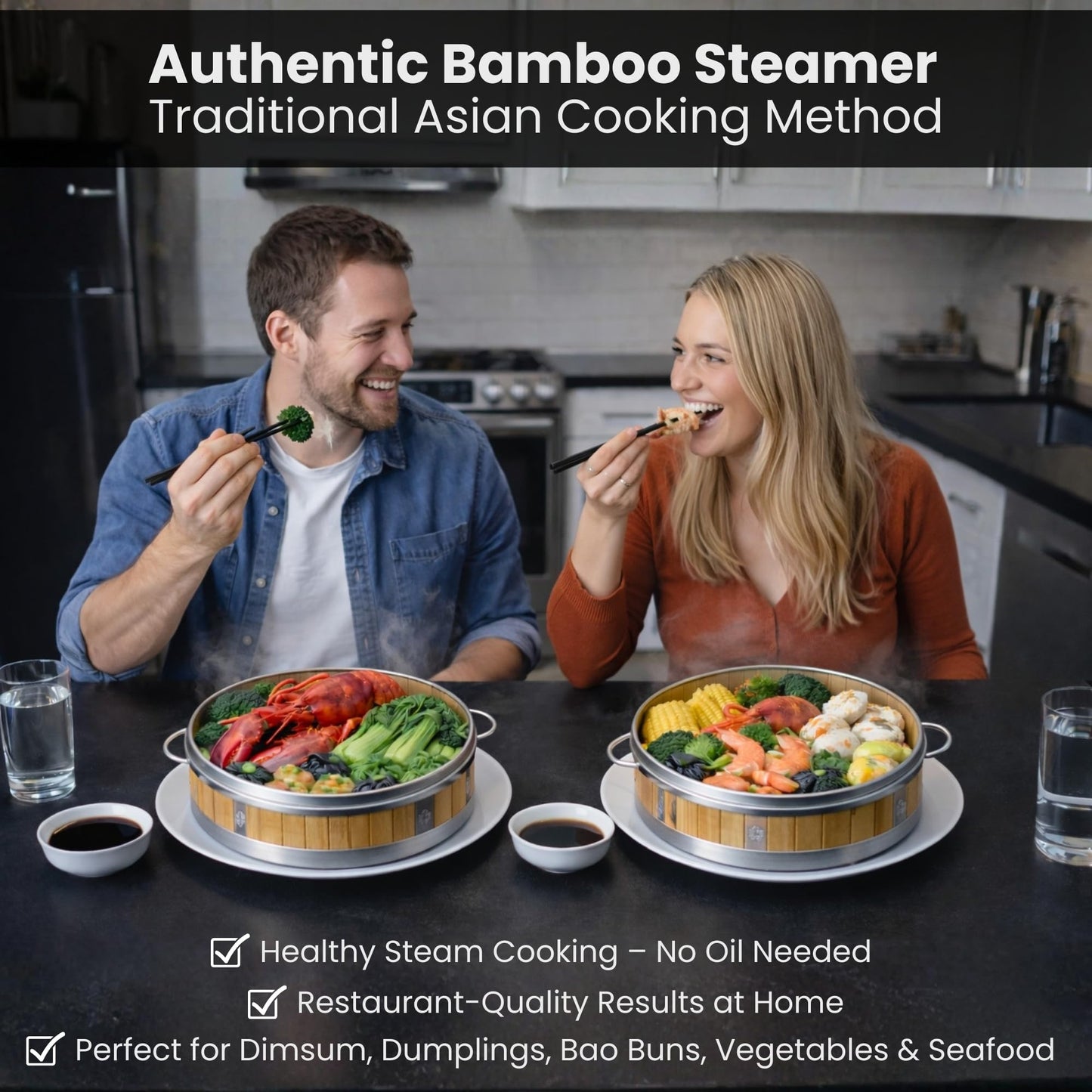 Bamboo Steamer 10" - Heavy-Duty Dumpling Steamer Basket, 2 Tier Bamboo Steamers for Cooking & Steaming Dim Sum, Bao Bun, Gyoza, Shumai & Vegetables - 10 Inch Steam Baskets with Handles & Accessories Set